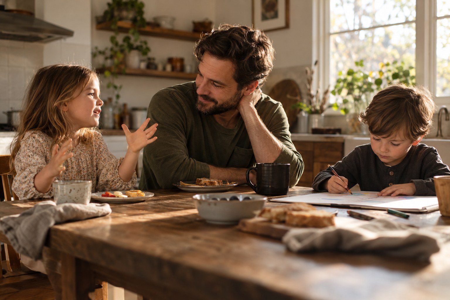 A father at the kitchen table with his two children over breakfast and coffee