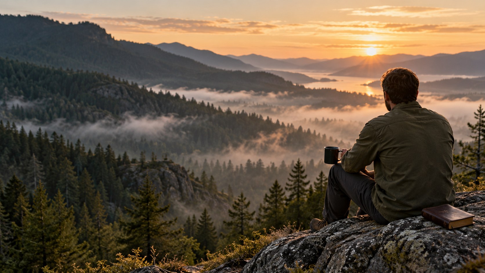A man sits on a rocky overlook at sunrise with a mug of coffee and his Bible